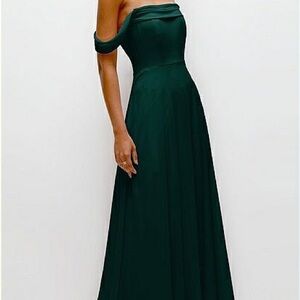 Off the Shoulder Draped Neckline Chiffon Formal Maxi Dress in Evergreen
